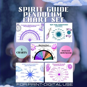 May include: A digital download set featuring five charts for spiritual guidance, including a timeline pendulum chart and charts for communication and personal growth. The set is designed for print and digital use, with an instant download option.
