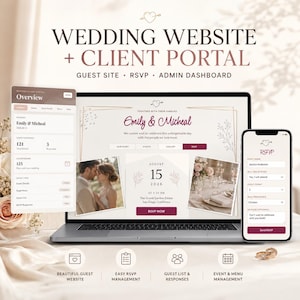 Op de afbeelding: Een laptop, tablet en smartphone tonen een interface van een trouwwebsite. De website bevat de namen "Emily & Micheal", evenementdetails en een RSVP-formulier. De afbeelding bevat ook pictogrammen voor gastwebsite, RSVP-beheer en evenementbeheer.