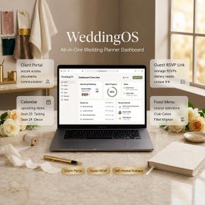 Könnte beinhalten: Ein Laptop mit dem WeddingOS-Dashboard, einem All-in-One-Hochzeitsplaner. Der Bildschirm zeigt Optionen für Kundenportal, Kalender, Gästerückmeldung und Menü. Ein goldener Stift, ein Notizbuch und Blumen liegen auf dem Tisch.