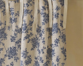 Blue Floral Linen Curtains,French Country Drapes,Cottagecore Floral Curtains,Vintage Farmhouse Window Panels,french country Curtains