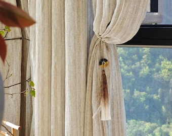 100% puur linnen, getextureerde linnen gordijnen, verticale streep pure gordijnpanelen, zachte lichtfilterende boho-gordijnen, neutrale boerderijgordijnen.