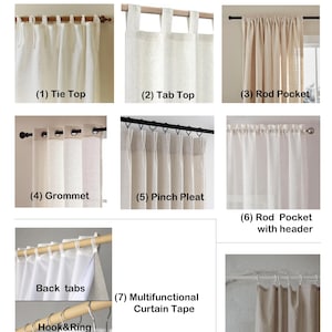 May include: An image showcasing various curtain hanging styles. The image displays eight different types, including Tie Top, Tab Top, Rod Pocket, Grommet, Pinch Pleat, Rod Pocket with header, Multifunctional Curtain Tape, and Clip top.