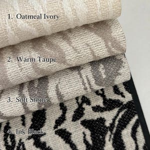 May include: Four stacked fabric swatches featuring a textured, woven pattern. The colors are labeled as 1. Oatmeal Ivory, 2. Warm Taupe, 3. Soft Stone, and 4. Ink Black. Each swatch displays a distinct, repeating organic design in varying shades.