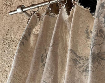 Vintage Floral Linen Curtain,Botanical Printed Linen Blend Curtains,Semi Sheer Botanical Drapes,Neutral Beige Farmhouse Window Panels