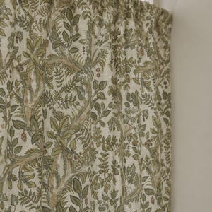 May include: A curtain panel featuring an off-white base fabric with a dense, repeating botanical pattern in shades of olive green, sage, and muted brown. The design depicts intricate tree branches, detailed leaves, and small berry clusters.