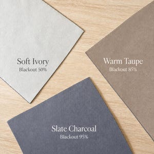 May include: Three fabric swatches labeled Soft Ivory Blackout 50%, Warm Taupe Blackout 85%, and Slate Charcoal Blackout 95%. The swatches are rectangular with a textured surface, displaying distinct color variations in light gray, tan, and dark gray.