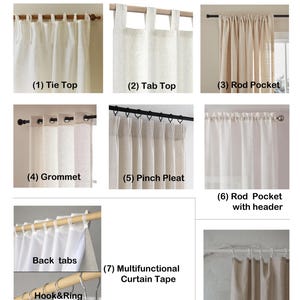 May include: An educational chart titled Hanging Types displaying eight curtain styles: (1) Tie Top, (2) Tab Top, (3) Rod Pocket, (4) Grommet, (5) Pinch Pleat, (6) Rod Pocket with header, (7) Multifunctional Curtain Tape with Back tabs and Hook&Ring, (8) Clip top.
