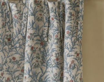 Blue Floral Linen Curtains,Vintage Botanical Drapes,Cottagecore Window Panels,French Country Farmhouse Curtains,Rustic Floral Bedroom Decor
