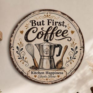 May include: A round wall sign with a cream background, black text reading But First, Coffee and Kitchen Happiness Starts Here, featuring a central moka pot illustration flanked by a whisk and a wooden spoon, accented with small gold hearts.
