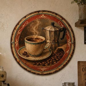 May include: A circular wall sign featuring a vintage-style illustration of a steaming cup of coffee on a saucer, a moka pot, and scattered coffee beans. The artwork is framed by a decorative red and teal border with intricate gold-toned detailing.