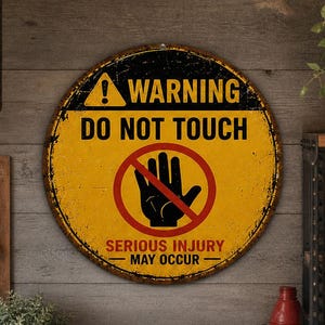 Op de afbeelding: Een rond metalen waarschuwingsbord met een gele achtergrond en zwarte tekst WARNING DO NOT TOUCH. In het midden staat een zwart handicoon in een rode verbodscirkel. Daaronder staat de tekst SERIOUS INJURY MAY OCCUR.