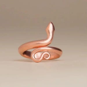 May include: A rose gold-toned metal ring shaped like a coiled snake. The band wraps around to form the body of the serpent, with the head raised at one end and the tail curled into a small loop at the other, featuring a smooth, polished finish.