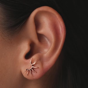 May include: A rose gold ear climber earring featuring a sunburst design with multiple radiating points. The metal piece follows the natural curve of the earlobe, extending upward with a series of slender, tapered rays that create a star-like shape.