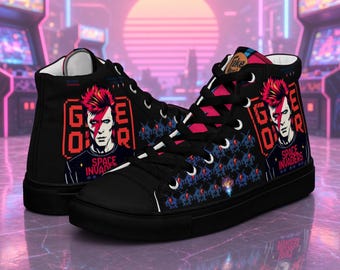 BOWIE High-Top Sneakers by Denis Ranzani, Cyber-Baroque Canvas Shoes, Pop Art Glam Rock Streetwear, Synthwave Gamer Shoes "Fake Music"