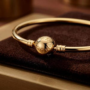 Può includere: Un braccialetto color oro con un charm sferico. Lo charm è inciso con le lettere "PANDORA". Il braccialetto è appoggiato su una superficie marrone. Il braccialetto ha un design semplice ed elegante.
