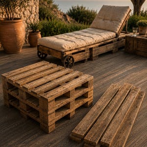 Op de afbeelding: Een houten pallet-ligstoel met een beige gecapitonneerd kussen op wielen, een vierkante houten pallet-salontafel en een aparte stapel van vier houten planken. Het meubilair is gemaakt van verweerd bruin hout met een zichtbare houtnerf.