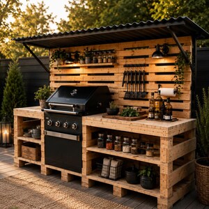 Doe-het-zelf buitenkeuken van pallets – Bouwinstructies PDF | Grillstation met dak | Bouw je eigen tuinkeuken | Europalletproject | Buitenleven