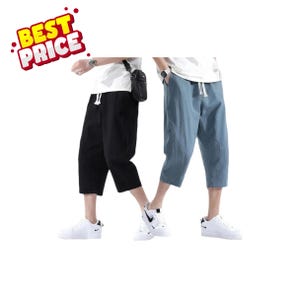 May include: Two pairs of cropped linen pants, one black and one light blue, with drawstring waistbands. The pants are shown with white sneakers. A red and yellow "BEST PRICE" graphic is in the upper left corner.