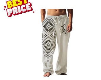 Pantaloni casual da uomo con stampa retrò, vestibilità ampia, gamba larga, streetwear, con coulisse, ideali per attività all'aperto.