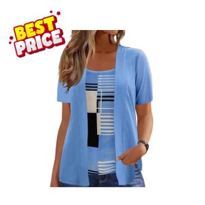 May include: A light blue short-sleeved top featuring an open-front cardigan style overlay. The inner layer displays a geometric pattern with white, black, and blue horizontal and vertical lines. A red and yellow graphic badge reads BEST PRICE.