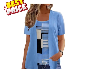 Women Plus Size Fake Two Piece Patchwork Casual Print Short Sleeve Loose T Shirt