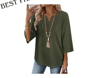 Boho Lace V Neck Blouse for Women, Casual Three Quarter Sleeve Tunic Top