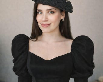 Black Sculptural Fascinator Hat, Handmade Couture , Vintage Inspired Lace, Statement Cocktail , Wedding Guest Headpiece