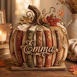 May include: A decorative pumpkin sculpture crafted from stacked book spines in shades of red, green, and brown. The center features the name Emma in script lettering. The piece is adorned with autumn leaves and a textured stem on a wooden base.