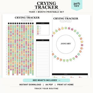 May include: A printable Crying Tracker set featuring two pages with black text and pastel-colored squares. One page displays a grid for tracking daily occurrences, while the other shows a circular calendar for January. Includes a color key and notes section.