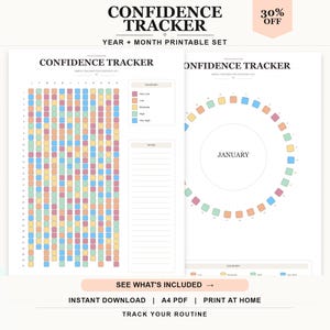 Peut inclure: Un ensemble de suivi de confiance imprimable composé de deux pages blanches avec du texte noir. Une page affiche une grille pour le suivi quotidien avec une légende de couleurs et une section notes. L'autre page présente un calendrier circulaire.