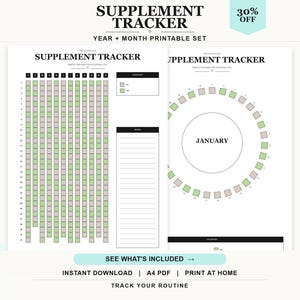 Puede incluir: Un conjunto de seguimiento de suplementos imprimible con dos páginas blancas y texto negro. Una página muestra una cuadrícula para el seguimiento diario con cuadrados verdes y grises, y la otra un calendario circular para enero.