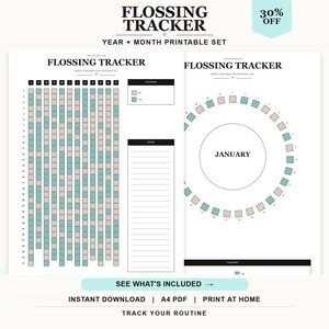 Bullet Journal Tandtrådsspårare Utskrivbar PDF | Års- och månadsspårare för tandtråd | A4 A5 Plannerinsats | Digital nedladdning
