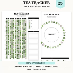 Può includere: Un set stampabile per il monitoraggio del tè che include una griglia annuale e un tracker circolare mensile. I documenti presentano testo nero su carta bianca con quadrati di varie tonalità di verde per registrare il consumo giornaliero.