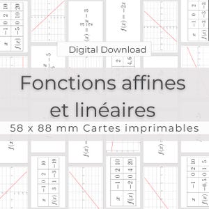 Peut inclure: Un téléchargement numérique de cartes imprimables avec des graphiques et des équations mathématiques. Les cartes comprennent des tableaux de valeurs et des tracés de fonctions linéaires. Le texte "Fonctions affines et linéaires" est affiché, ainsi que "58 x 88 mm Cartes imprimables".