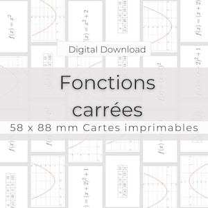 Könnte beinhalten: Digitaler Download mit Karten mit roten Parabelgraphen und mathematischen Gleichungen. Die Karten tragen die Aufschrift "Fonctions carrées" und sind 5,8 x 8,8 cm groß.
