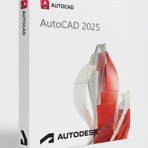 Könnte beinhalten: Eine weiße Software-Box für AutoCAD 2025 mit dem Autodesk-Logo und dem AutoCAD-Symbol. Die Vorderseite zeigt eine stilisierte, abstrakte rot-weiße Architekturstruktur. Der Buchrücken zeigt ebenfalls das AutoCAD-Logo und den Schriftzug.