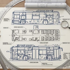Peut inclure: Plan détaillé d'un bus urbain, avec plusieurs vues et des étiquettes pour les sièges passagers et le compartiment moteur. Le plan comprend des dimensions de L 12,0 m x l 2,5 m x H 3,2 m. Le design est étiqueté "Bestseller".