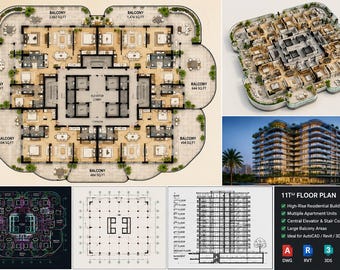 skyscraper apartment floor plan DWG, 11th floor layout with central core, balconies
