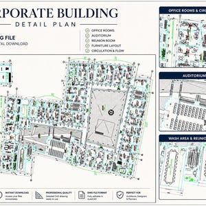 May include: A detailed corporate building plan in a DWG file format, featuring office rooms, an auditorium, and a reunion room layout. The digital download includes furniture layout and circulation details. The plan is designed for architects and designers.