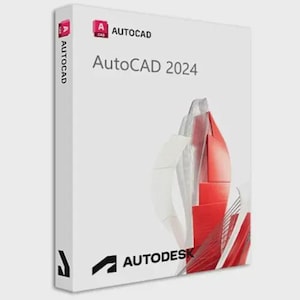 Könnte beinhalten: Eine weiße, rechteckige Softwareverpackung für AutoCAD 2024. Auf der Vorderseite befinden sich das Autodesk-Logo, das AutoCAD-Logo und der Schriftzug AutoCAD 2024. Rechts ist eine Grafik aus abstrakten roten und weißen Formen abgebildet.