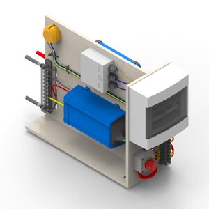 Puede incluir: Un conjunto de panel de control eléctrico montado sobre una placa de color claro, que incluye una caja de distribución blanca, dos unidades de potencia rectangulares azules, un componente circular amarillo y varios cables eléctricos rojos, amarillos, verdes y azules.