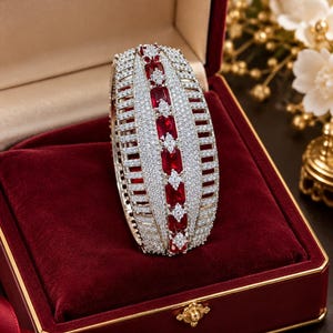 Ruby CZ Wide Statement Bracelet | Silver Tone Bridal Jewelry (Cocktail Gift)