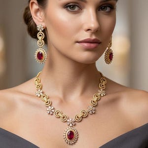 May include: A gold-toned necklace and matching drop earrings set featuring oval-cut deep red stones surrounded by small clear crystals. The jewellery design incorporates circular links and floral-shaped accents with a textured metallic finish.
