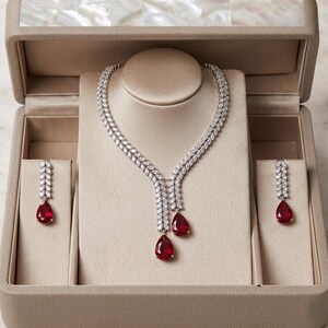 Könnte beinhalten: Ein Schmuckset bestehend aus einer Halskette und zwei Ohrhängern in einer beigen Schatulle. Die Kette hat zwei Reihen klarer Steine in Blattform, die in zwei birnenförmigen roten Steinen enden. Jeder Ohrring hat ein passendes Blattdesign.
