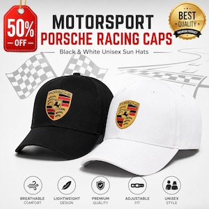 May include: Two baseball caps, one black and one white, with the Porsche logo. The caps are part of the Motorsport collection and are described as unisex sun hats. The image also includes text indicating breathable comfort, lightweight design, premium quality, adjustable fit, and unisex style.