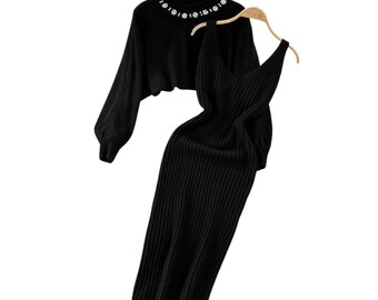 Conjunto de vestido midi canelado de duas peças para mulheres.