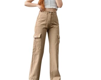 Calça Cargo Feminina Casual de Cintura Alta com Bolsos Utilitários, Estilo Streetwear