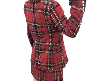 Conjunto de blazer e saia em tweed xadrez vermelho para mulheres