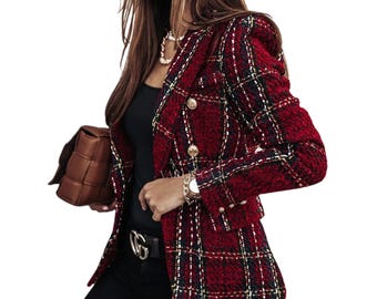 Blazer e jaqueta feminina de tweed xadrez com abotoamento duplo