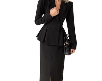 Elegant Black Peplum Blazer Midi Dress Women